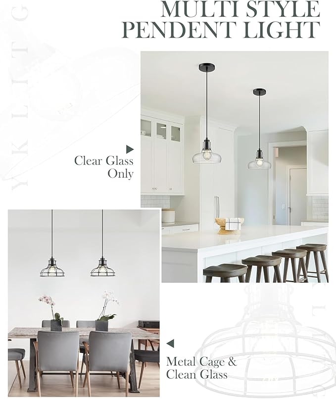Industrial Pendant Lights Kitchen Island Black 8.7", 2 Pack Hanging Light Fixtures with Clear Glass and Metal Cage, Farmhouse Kitchen Pendant Light for Dining Room, Bedroom, Living Room