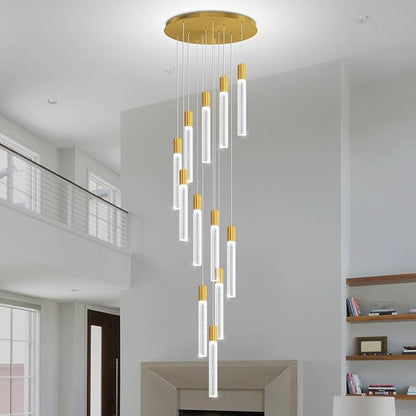 Luxury 12 Light Modern Crystal Pendant Light - 118" High Ceiling Gold LED Dimmable Pendant Light for Bedside Island Kitchen Living Room