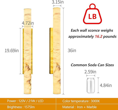 LMQNINE Natural Alabaster Wall Sconces Spanish Marble Wall Light Cylinder Modern Gold LED Sconce for Living Room Bedroom Bathroom Stairs（L-1Pack）
