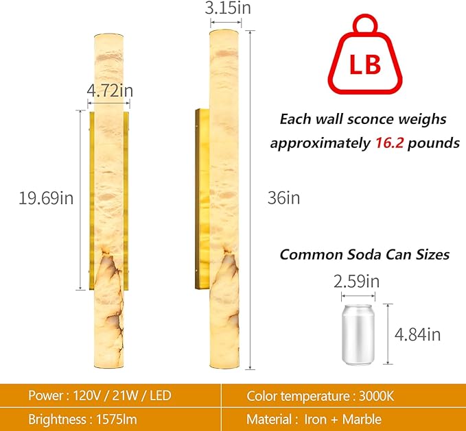 LMQNINE Natural Alabaster Wall Sconces Set of Two Spanish Marble Wall Light Cylinder Modern Gold LED Sconce for Living Room Bedroom Bathroo Stairs（L-2Pack）