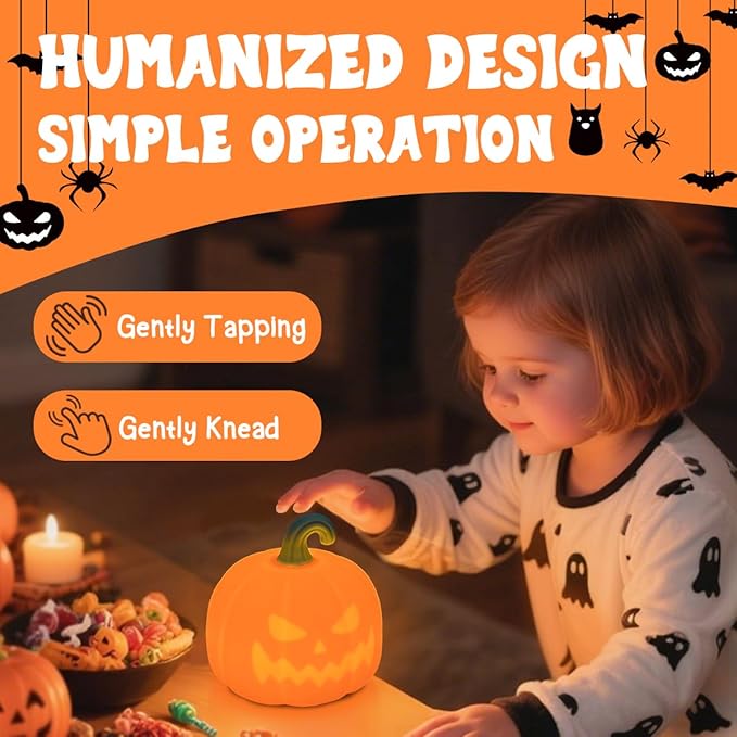 Night Light for Kids, Cute Silicone Nursery Pumpkin Lamp for Baby and Toddler, Halloween NightLight for Boys and Girls,Squishy Kawaii Bedside Lamp for Kids Room