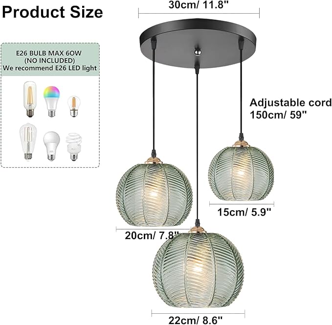 Cluster Pendant Light Fixture, Mid Century Modern 3-Light Globe Custer Chandelier, Farmhouse Dining Room Kitchen Island Hanging Light Fixture Over Table with Ribbed Green Glass Shade