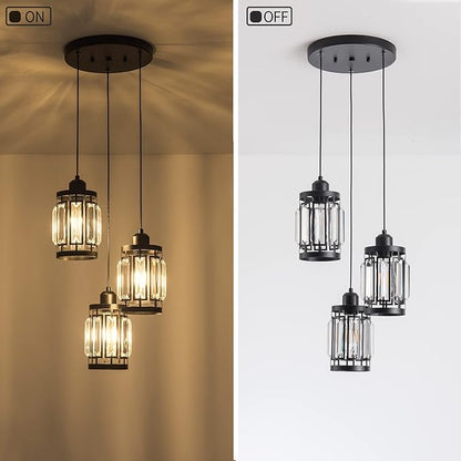 3 Light Farmhouse Pendant Light Adjustable Ceiling Hanging Lighting Fixture with K9 Crystals for Kitchen Restaurant Cafe Dining Room Island Light Black