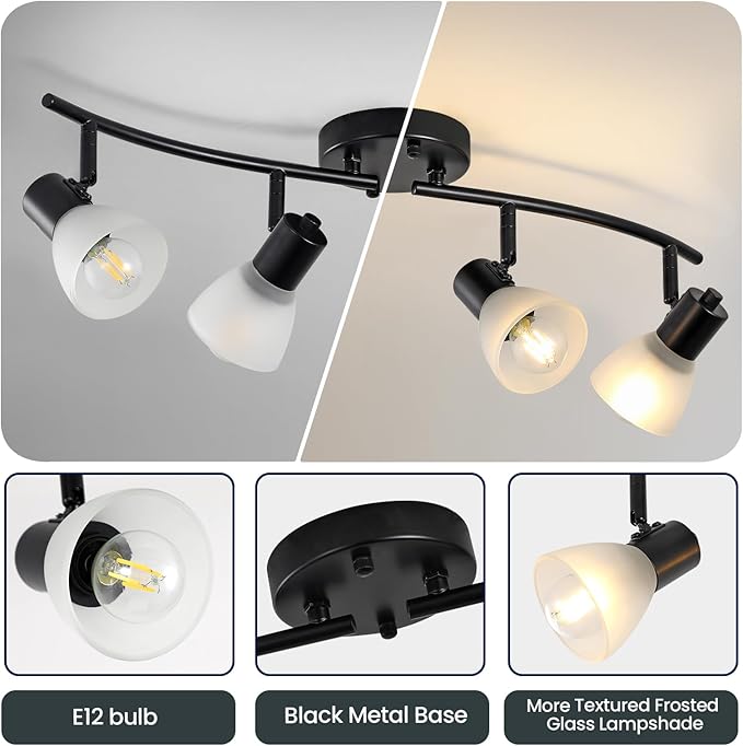 KEESFU 4 Light Track Lighting Fixtures Ceiling Kit,Adjustable Kitchen Ceiling Light with Glass Shade,Modern Black Track Light for Kitchen Over Sink Bedroom Hallway Living Room,E12base