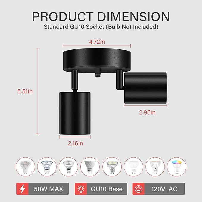 AUQUEE LED 2 Light Track Lighting Kit, LED Track Lighting Fixtures, Black Round Ceiling Spot Lighting, Flexibly Rotatable Light Head for Kitchen, Living Room, Bedroom, GU10 Bulb Not Included