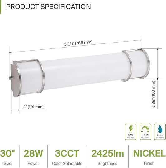 ASD LED 30" Vanity Flush Mount Light Fixture, Linear Bathroom Lighting Bar | 3CCT, Dimmable, Energy Star, ETL Listed | 28W 2425LM 3000-5000K 120V | Long Bath Wall Sconce Over Mirror | Nickel, 4 Pack
