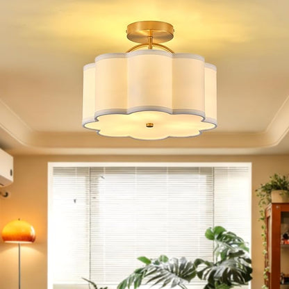 13.5" Gold Semi Flush Mount Ceiling Light Fixture for Bedroom,3-Light Modern Flower-Shape Close to Ceiling Light with Fabric Shade for Bedroom Hallway Nursery Living Room (White)