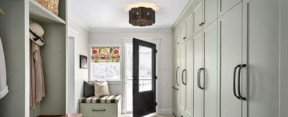 13” Boho Semi Flush Mount Ceiling Light Black Flower Floral Hand Woven Rattan Mini Chandelier for Bedroom Dining Room Kitchen Island Hallway, UL Listed