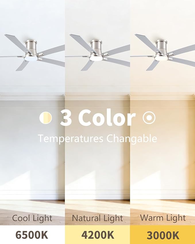 60 Inch Ceiling Fans with Lights and Remote, Nickel Low Profile Ceiling Fan, Flush Mount Style with 5 Blades, For Indoor Bedroom Living Room/Outdoor, 6 Speed Reversible DC Motor, 3CCT Dimmable LED