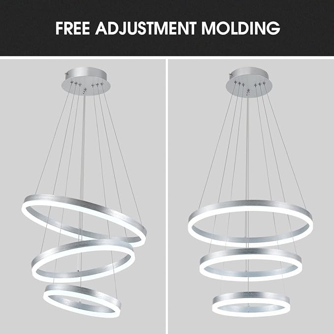 Buccleuch Dimmable 3-Ring LED Chandelier, Height Adjustable Modern Silver Pendant Light, ETL-Certified Flush Mount Acrylic Ceiling Light for Dining Room Living Room Bedroom Foyer, 6000K