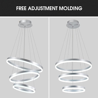Buccleuch Dimmable 3-Ring LED Chandelier, Height Adjustable Modern Silver Pendant Light, ETL-Certified Flush Mount Acrylic Ceiling Light for Dining Room Living Room Bedroom Foyer, 6000K