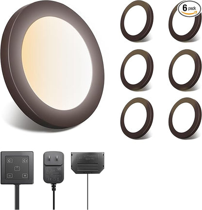 V4light LED Puck Lights 6 Pack, 6mm Ultra-Thin Plug in Under Cabinet Lighting with Touch Dimmer, Adjustable Color Temp(2700K-6500K), Easy Installation for Kitchen, Pantry, Closet, Bedroom (Brown)