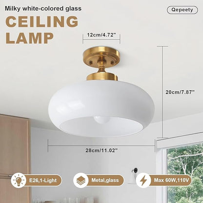 Milky White Glass Semi Flush Mount Ceiling Light, 11.02" Mid Century Modern Gold Close to Ceiling Light Fixture, Vintage Ceiling Lamp for Bedroom Hallway Kitchen Entryway