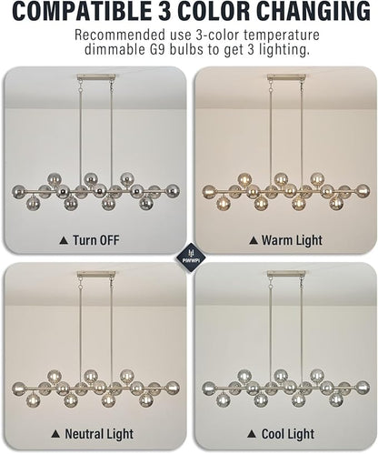 55" Long Chandeliers for Dining Room Kitchen Island, Large Globe Sputnik Linear Chandelier, 16 Lights Mid Century Modern Light Fixture Over Table, Nickel and Smoke Grey Bubble, GC-08