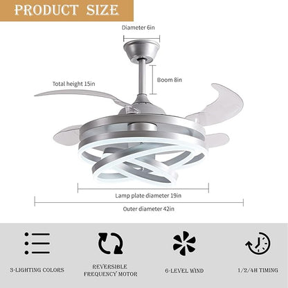 DatingDay 42" Invisible Ceiling Fan Chandelier Light,Modern DIY Ceiling Fan Light Remote Control 4 Retractable ABS Blades for Bedroom Living Dining Room Decoration