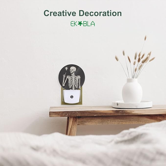 EKOBLA Skull Plug-in Night Light, Rock Music Pose Skeleton LED Nightlight with Auto On/Off for Halloween Holiday Gifts