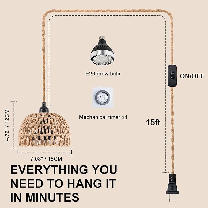 Hanging Grow Lights for Indoor Plants, Full Spectrum Plant Light, with Timer and 15FT Power Cord, 30W Pendant Plant Lights for Indoor Growing, Garden, Flowers, Greenhouse (4000k)