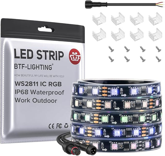 BTF-LIGHTING IP68 Waterproof Outdoor WS2811 RGB IC LED Strip Addressable Dream Color Flexible 5050SMD Light DC12V 16.4ft 60LEDs/m 20Pixels/m Can Work Outdoor Black PCB(No Adapter or Controller)