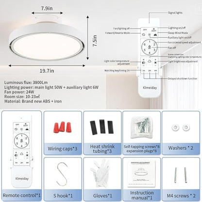 Bladeless Ceiling Fans with Lights and Remote, Flush Mount Modern Ceiling Fan with Light, 6 Speeds, Stepless dimming & 3000-6000K CCT LED Lights for Bedroom, Living Room (White)