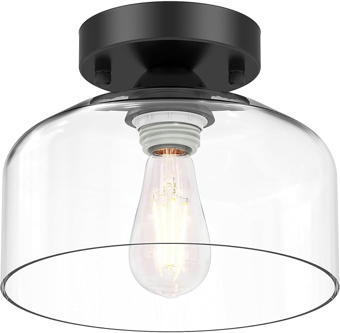 LACCEN Semi Flush Mount Ceiling Light - Clear Glass Pendant Lamp Shade, Matte Black Finish, Modern Farmhouse Light Fixture for Hallway Corridor Kitchen Entryway Bedroom, Bulb Not Included