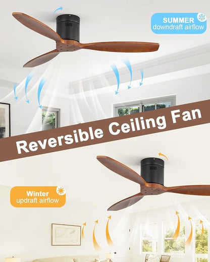 Sofucor 52 Inch Smart Ceiling Fans without Light-Modern Solid Wood Outdoor 3 Blades Ceiling Fan No Light APP Remotel Control for Bedroom Living Room Indoor Farmhouse Patio, DC Motor,Black Walnut