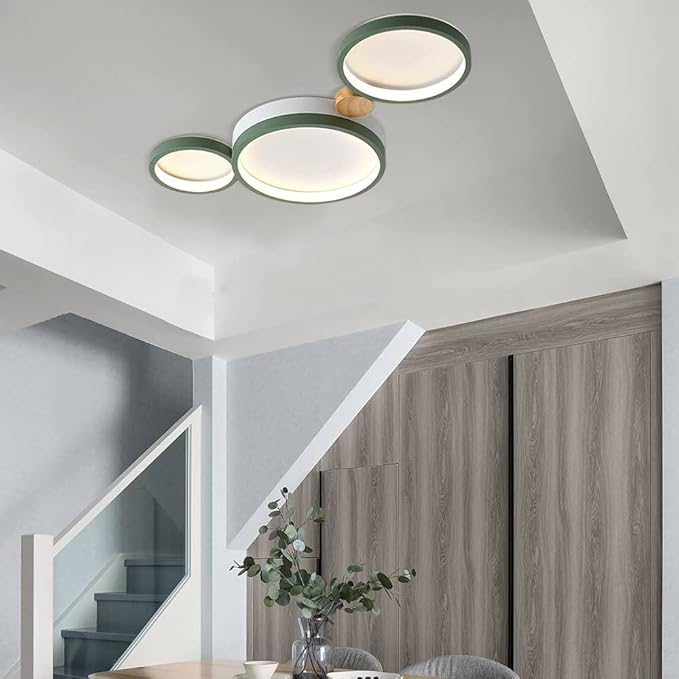 3-Lights LED Ceiling Light Fixture,22 Inch Modern Ceiling Lights Flush Mount Wooden 20W Dimmable Chandelier for Living Room Bedroom Kitchen,3000K/4000K/6000K Temperatures Selectable Green