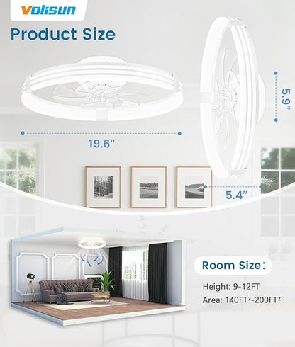 VOLISUN Low Profile Ceiling Fans with Lights and Remote, 20in Flush Mount Ceiling Fan with Light, 3000K-6500K Dimmable Fandelier LED Fan Light, White Bladeless Ceiling Fans with Lights for Bedroom