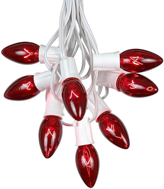 Novelty Lights Red Twinkle Incandescent Christmas String Lights - Retro Traditional C9 Indoor/Outdoor Light Set w/ 25 Mini Bulbs for Roof Lines, Patios (White Wire, 25' Long)