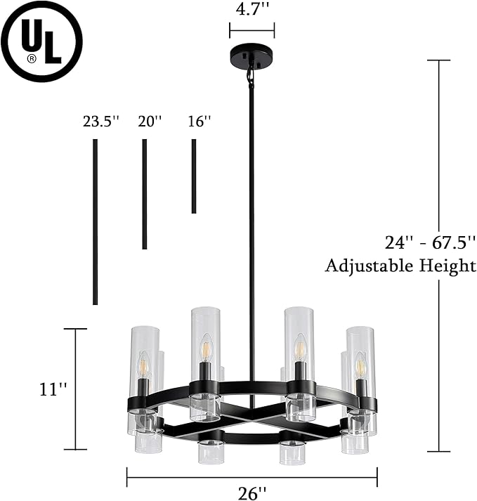 26 Inch Black Cross Wagon Wheel Chandelier with Glass Shades, 8 Lights X-Frame Farmhouse Chandelier, Modern Rustic Pendant Light for Dining Room, Kitchen Island, Entryway