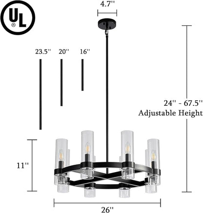 26 Inch Black Cross Wagon Wheel Chandelier with Glass Shades, 8 Lights X-Frame Farmhouse Chandelier, Modern Rustic Pendant Light for Dining Room, Kitchen Island, Entryway