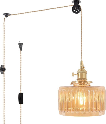 Shenmoyl Plug in Pendant Light Hanging Light Fixture Corded On/Off Switch Brass Pendant Light with Amber Striped Glass Lampshade for Bedroom Living Room Kitchen Island