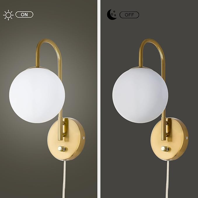 Dimmable E12 Wall Sconces Set of 2,Plug in Wall Sconces with 6.56ft Power Cord,Globe Electric Plug in Wall Sconce,Wall Lights with Milky White Glass Globe Shade(2 Bulbs Included)