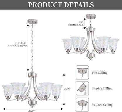Modern Brushed Nickel Farmhouse Chandelier 6 Light Silver Chandeliers for Dining Room Adjustable Height Hanging Light Fixture with Clear Glass Shade,Pendant Light Fixture for Living Room Hallway Foyer