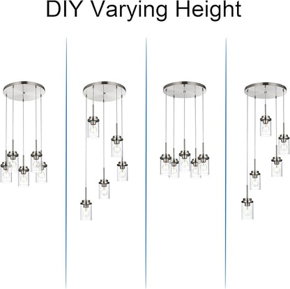 MELUCEE 5-Light Cluster Pendant Lights Stairwell Lighting Brushed Nickel Chandelier for Dining Room, Modern Kitchen Island Pendant Lighting Adjustable Hanging Ceiling Lamp with Clear Glass Shade