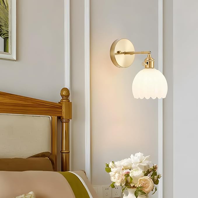 Hardwired Wall Sconce Light, Vintage Wall Sconce with Switch, Gold Wall Light Fixture with Tulip Milk White Glass Lampshade, Indoor Wall Light for Bedroom Bathroom, Bedside Wall Lamp