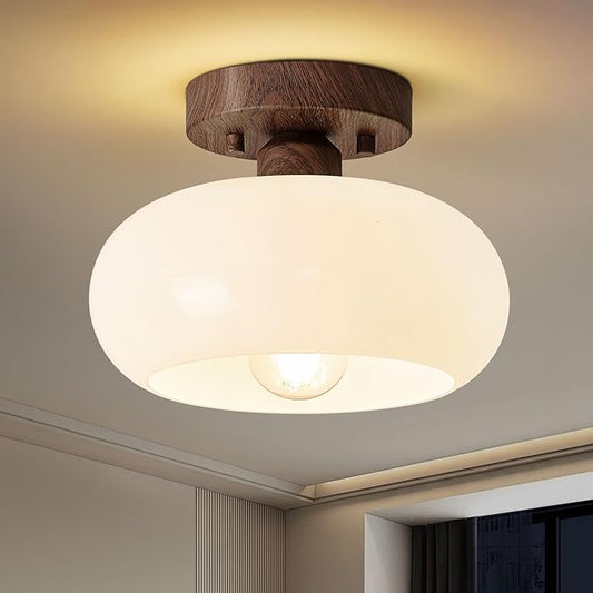 WOKNOS Mid-Century Modern Semi Flush Mount Ceiling Light, Faux Walnut Wood Kitchen Light Fixtures with Glass Shade, Mini White Close to Ceiling Lamp for Entryway Hallway Bathroom (8.66 Inch)