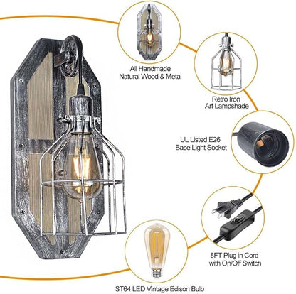 Steampunk Industrial Pulley Wall Sconce Plug in, Shabby Chic Metal Wall Mounted Lamp with Switch Retro Vintage Wall Light Fixtures with 8FT Plug in Cord, E26 Base(Edison Bulb Included, 1 Pack)