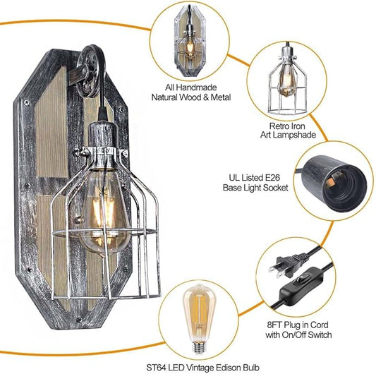 Steampunk Industrial Pulley Wall Sconce Plug in, Shabby Chic Metal Wall Mounted Lamp with Switch Retro Vintage Wall Light Fixtures with 8FT Plug in Cord, E26 Base(Edison Bulb Included, 1 Pack)