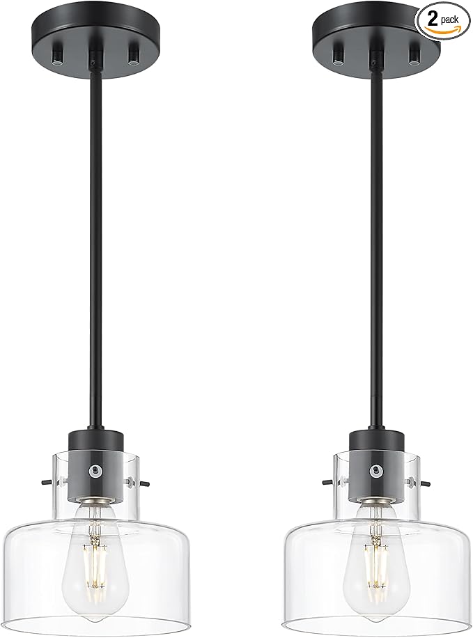 2 Pack Pendant Lights Kitchen Island, 6" Matte Black Pendant Light Fixtures Over Island with Clear Glass Shade, Modern Kitchen Island Lighting for Dining Room Entryway, PL124-MB-G-2PK