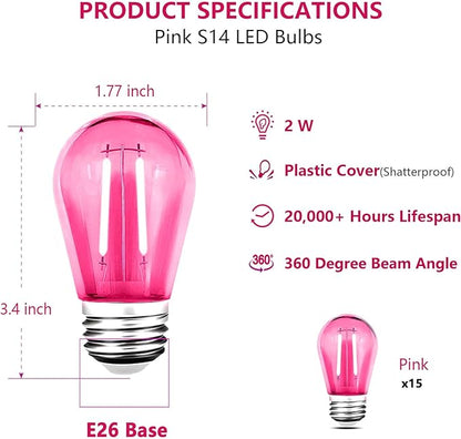 15 Pack S14 LED String Light Bulbs, Shatterproof 2 Watt Pink Replacement Bulbs for Outdoor String Light, Waterproof Decorative E26 Base Pink Filament Edison Christmas Light Bulbs, 120V