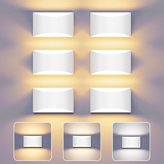 Black Modern LED Wall Sconce, 3 Colors Indoor Wall Lights, 10W Hardwired Up and Down Aluminum Wall Mount Lamp for Bedroom Living Room Hallway Corridor (White, 6 Pack)