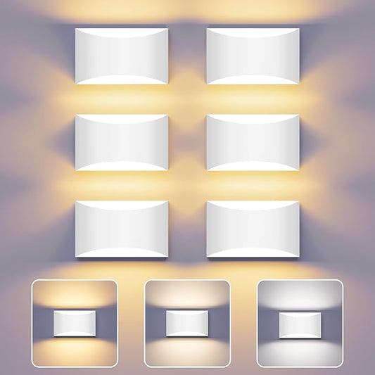 Black Modern LED Wall Sconce, 3 Colors Indoor Wall Lights, 10W Hardwired Up and Down Aluminum Wall Mount Lamp for Bedroom Living Room Hallway Corridor (White, 6 Pack)
