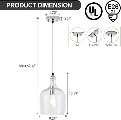 9” Chrome Seeded Glass Pendant Light Modern 1 Light Single Dome Pendent Lighting Fixtures for Kitchen Island Dining Room Hallway, UL Listed