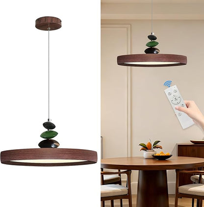 Mikeru Modern Pendant Lights, 15.8" Wood Grain Finish Pendant Lighting Fixture with Remote Control Dimmable 3 Color Mode & Brightness Mid Century Island Light Fixture for Dining Room,Living Room