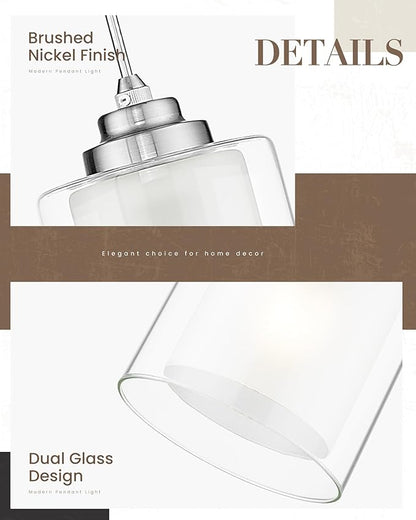 TENGXIN 3 Light Pendant Lights, Kitchen Island, Bedroom Modern Farmhouse Pendant with Dual Glass Shade, Brushed Nickel