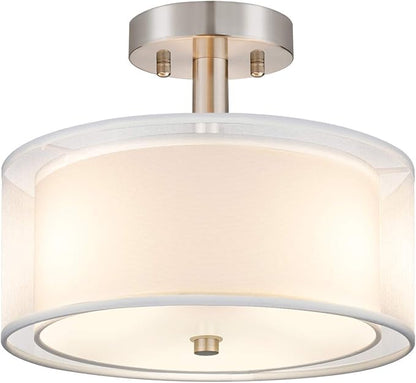FOLKSMATE 3-Light Semi Flush Mount Ceiling Light Fixture, 16 Inch Drum Light with Double Fabric Shade, Modern Close to Ceiling Lamps for Dining Room Kitchen