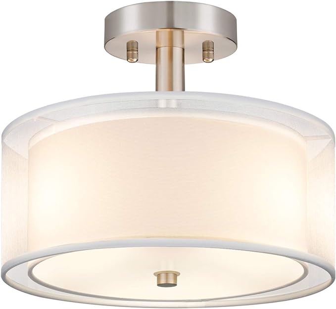 FOLKSMATE 3-Light Semi Flush Mount Ceiling Light Fixture, 14 Inch Drum Light with Double Fabric Shade, Modern Close to Ceiling Lamps for Dining Room Kitchen