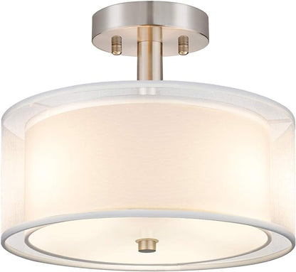 FOLKSMATE 3-Light Semi Flush Mount Ceiling Light Fixture, 14 Inch Drum Light with Double Fabric Shade, Modern Close to Ceiling Lamps for Dining Room Kitchen