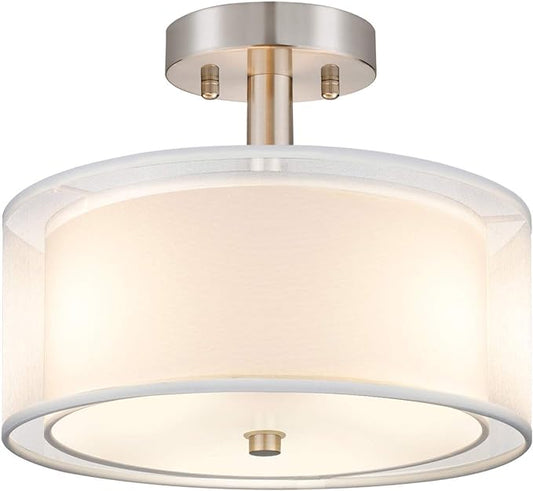FOLKSMATE 3-Light Semi Flush Mount Ceiling Light Fixture, 14 Inch Drum Light with Double Fabric Shade, Modern Close to Ceiling Lamps for Dining Room Kitchen