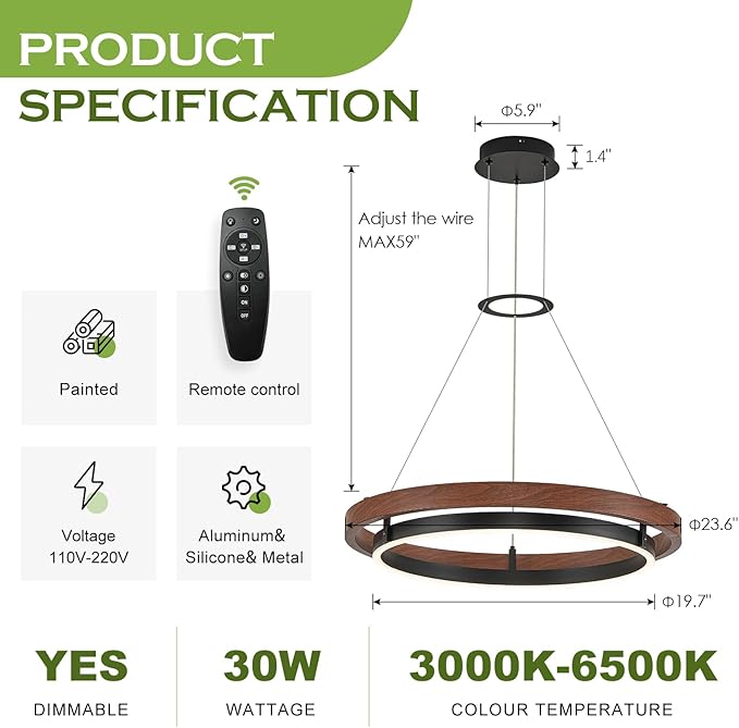 Benkut Modern LED Chandelier Circular Farmhouse Red Walnut Color, Dimmable LED Pendant Light with Remote Ring Chandelier Dining Room Light Fixtures for Kitchen Island Living Room Entryway, D23.6